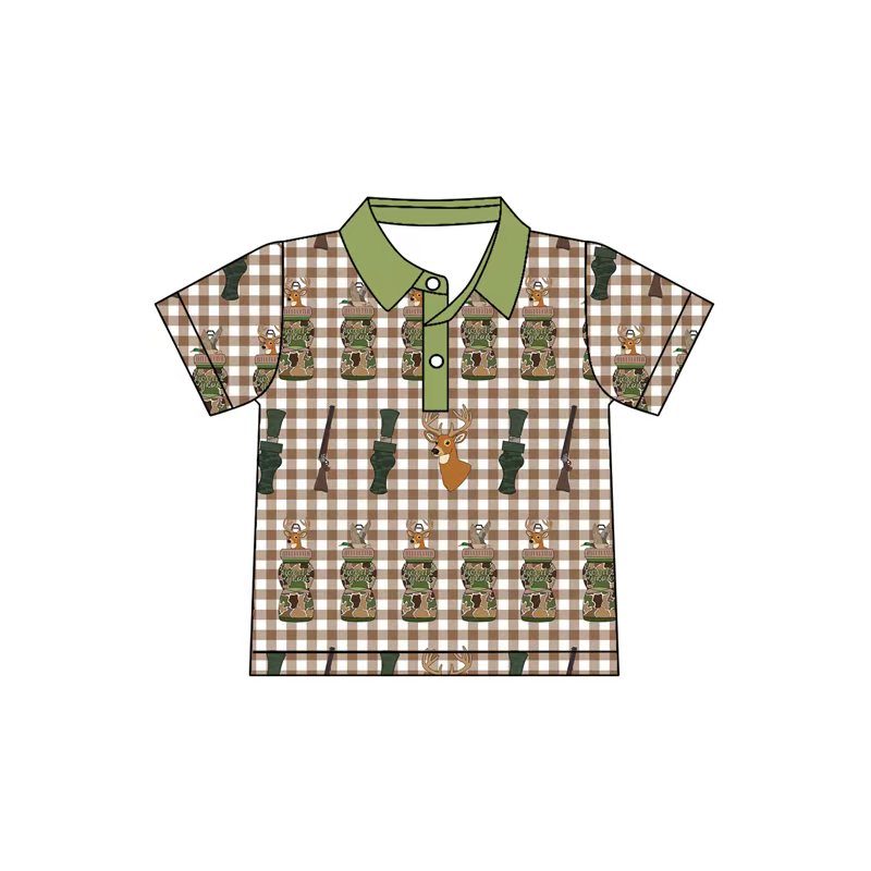 MOQ 8 preorder BT1410 Deer Hunting Brown Plaid Green Polo Neck Short Sleeve Boys Top 202510
