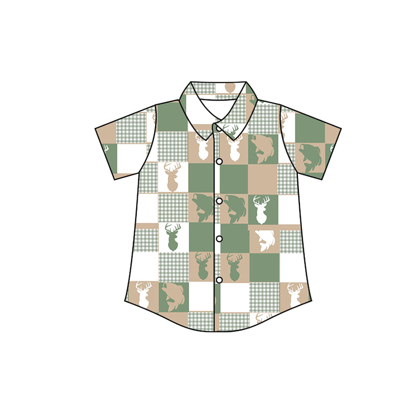 MOQ 5 preorder BT1411 Deer Fish Pattern Plaid Green Polo Button Short Sleeve Boys Top 202510