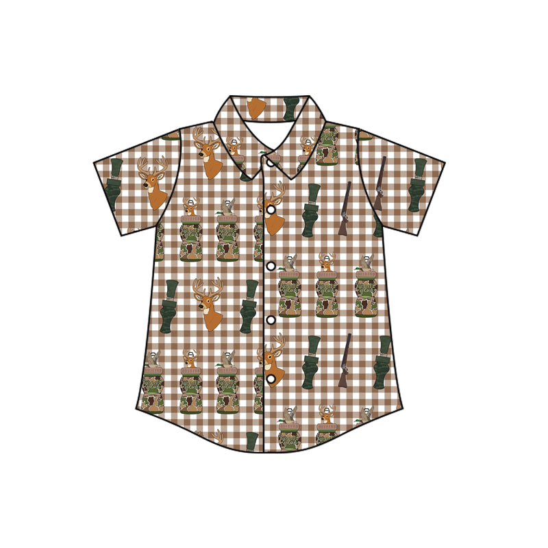 MOQ 5 preorder BT1412 Deer Hunting Brown Plaid Polo Button Short Sleeve Boys Top 202510