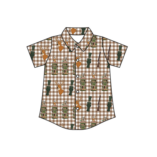 MOQ 5 preorder BT1412 Deer Hunting Brown Plaid Polo Button Short Sleeve Boys Top 202510