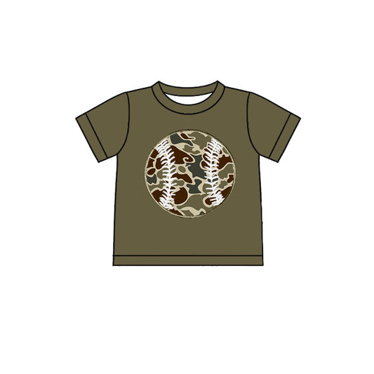 MOQ 5 preorder BT1434 Dark Army Green Camouflage Baseball Short Sleeve Boys Top 202510