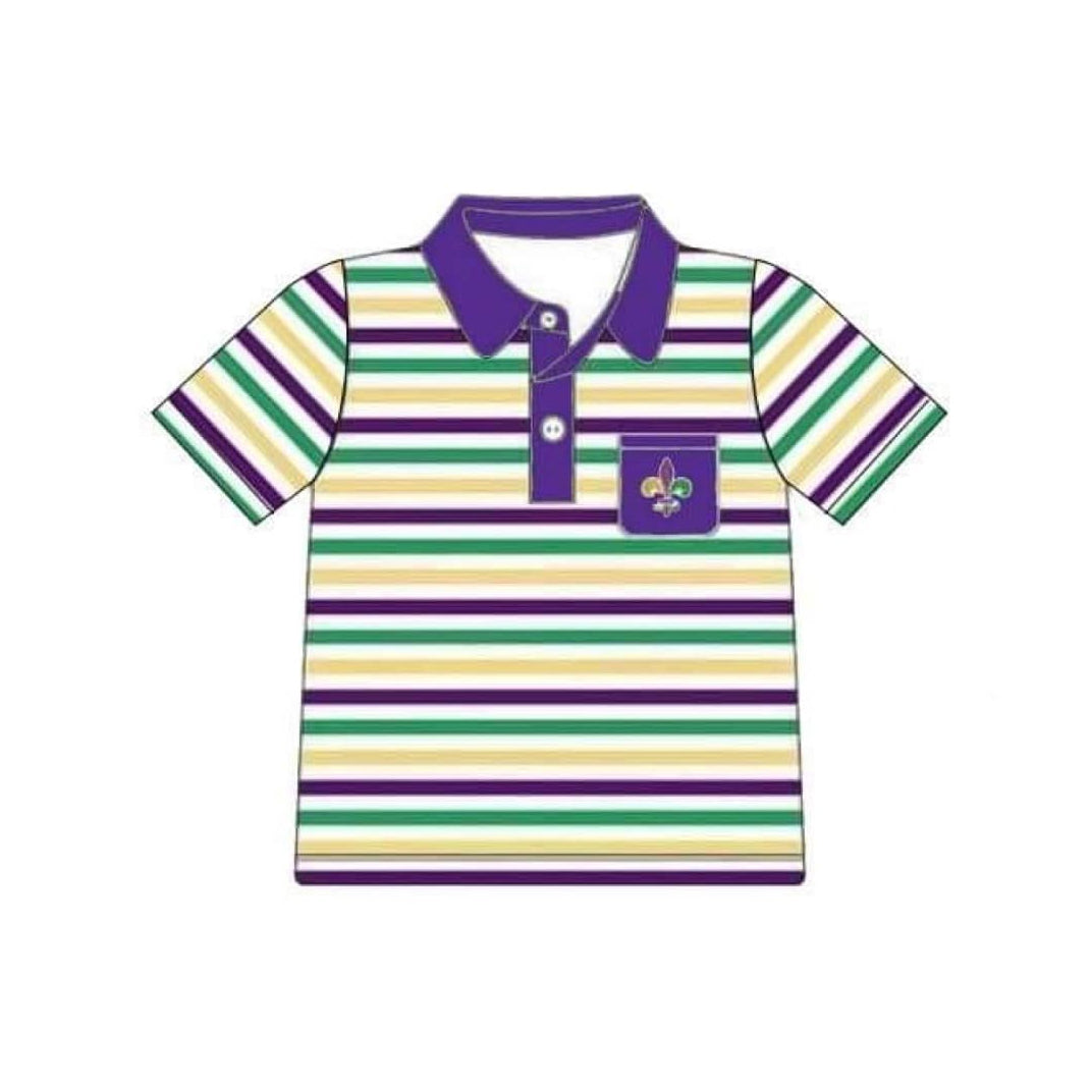 MOQ 5 preorder BT1436 Mardi Gras Stripe Pocket Purple Polo Short Sleeve Boys Top 202510