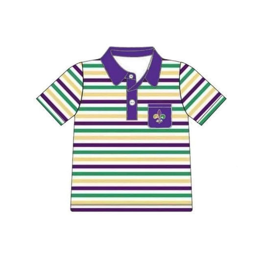 MOQ 5 preorder BT1436 Mardi Gras Stripe Pocket Purple Polo Short Sleeve Boys Top 202510