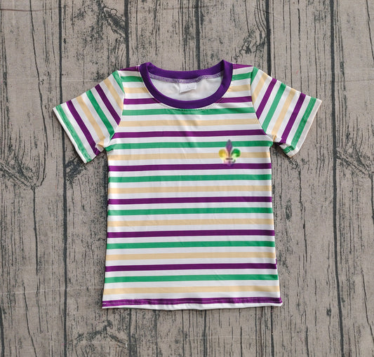 NO MOQ preorder BT1437 Embroidered Mardi Gras Stripe Short Sleeve Boys Top 202510