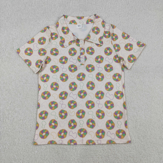 BT1453 Adult Male Mardi Gras Necklace Donut Button Neck Beige Polo Short Sleeve Top 202511