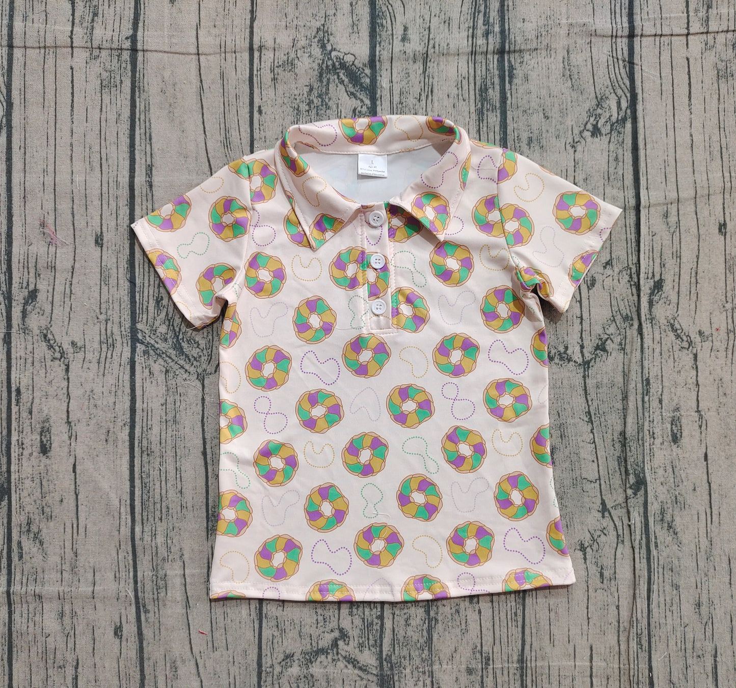 NO MOQ preorder BT1454 Mardi Gras Necklace Donut Button Neck Beige Polo Short Sleeve Boys Top 202510