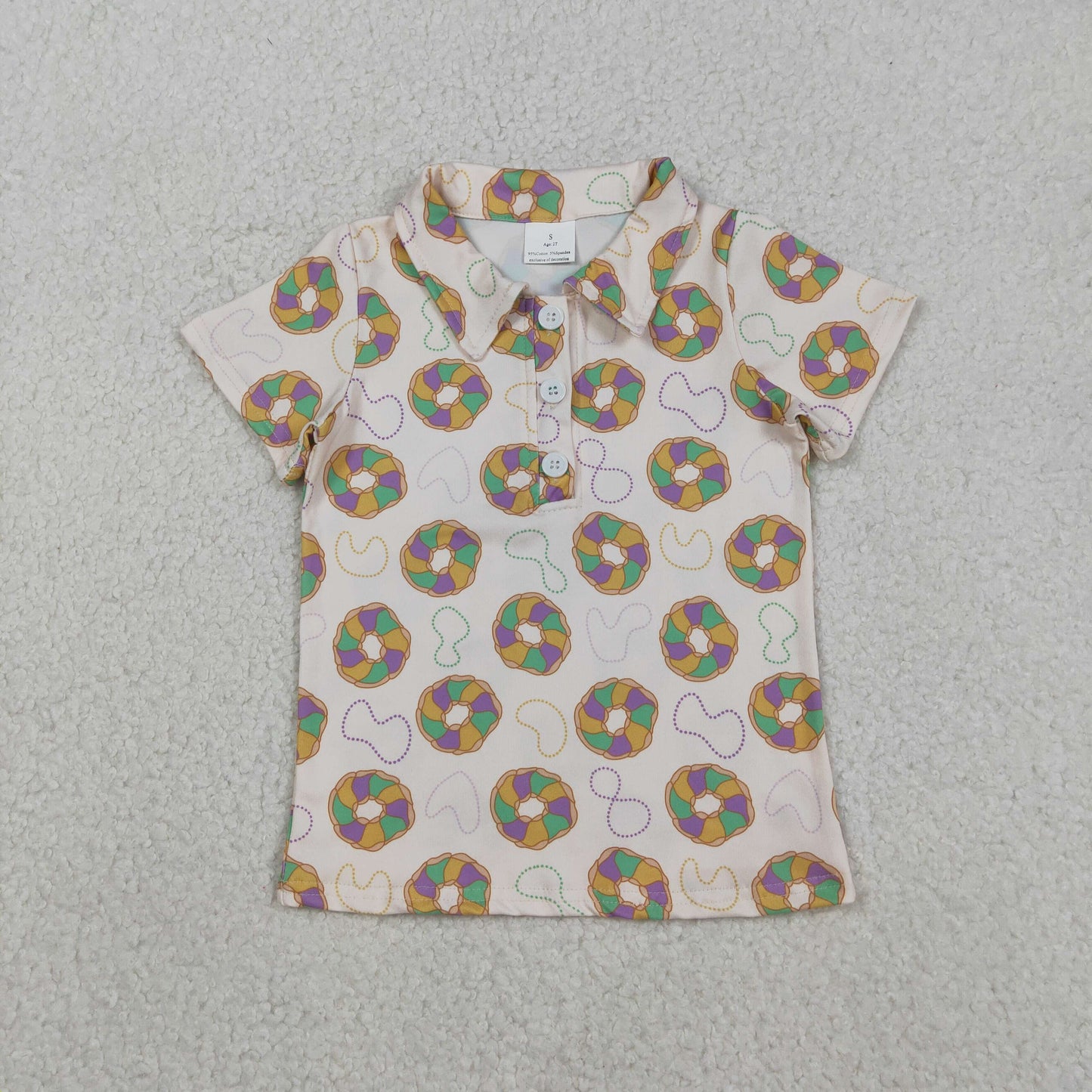 BT1454 Mardi Gras Necklace Donut Button Neck Beige Polo Short Sleeve Boys Top 202511 RTS