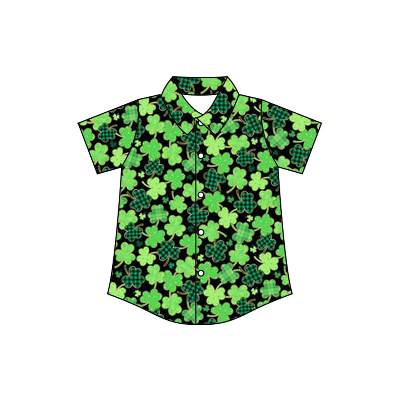 MOQ 5 preorder BT1455 St. Patrick's Day Plaid Four-Leaf Clover Black Button Polo Short Sleeve Boys Top 202510
