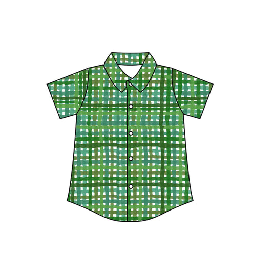 MOQ 5 preorder BT1456 St. Patrick's Day Green Plaid Button-Down Polo Short Sleeve Boys Top 202510