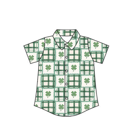 MOQ 5 preorder BT1458 St. Patrick's Day Clover Green Plaid Button Polo Short Sleeve Boys Top 202510