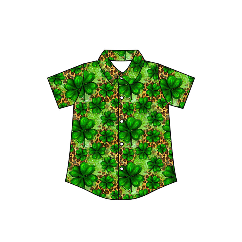 MOQ 5 preorder BT1460 St. Patrick's Day Clover Leopard Button Polo Short Sleeve Boys Top 202510
