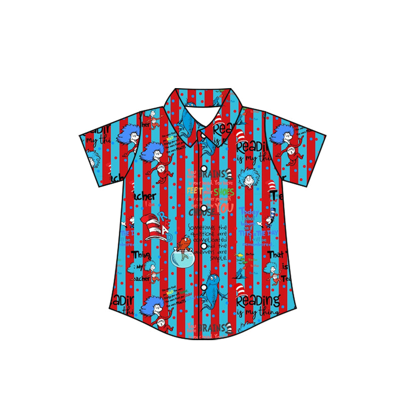MOQ 5 preorder BT1463 Dr Seuss Red Blue Dots Stripe Button Polo Short Sleeve Boys Top 202510