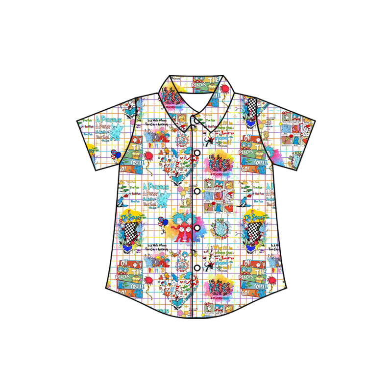 MOQ 5 preorder BT1466 Dr Seuss Colored Plaid Button Polo Short Sleeve Boys Top 202510