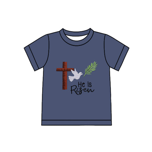 MOQ 5 preorder BT1484 He is Risen Easter Cross Gray Blue Short Sleeve Boys Top 202510