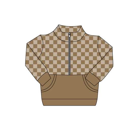 MOQ 5 preorder BT1493 Brown Plaid Zipper Collar Long Sleeve Boys Top 202510