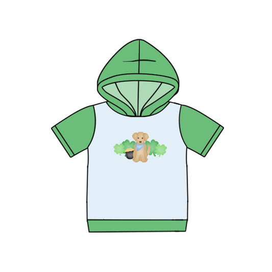 MOQ 5 preorder BT1497 St. Patrick's Day Four-Leaf Clover Puppy Gold Coin Green Hooded Short Sleeve Boys Top 202510