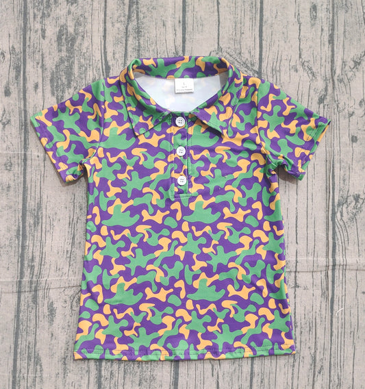 NO MOQ preorder BT1498 Mardi Gras Camouflage Button Polo Short Sleeve Boys Top 202511
