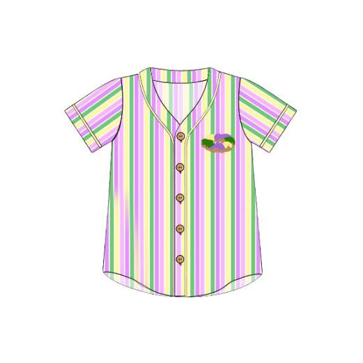 MOQ 5 preorder BT1499 Mardi Gras Donut Stripe Button Short Sleeve Boys Top 202510