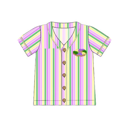 NO MOQ Preorder BT1501 Mardi Gras Adult Male Donut Stripe Buttons Short Sleeve Top 202510