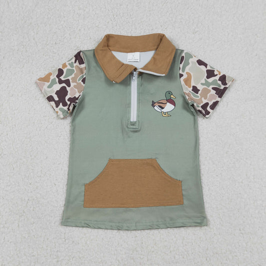 BT1530 Duck Gray Brown Green Camouflage Pocket Zip Collar Short Sleeve Boys Top 202512 RTS