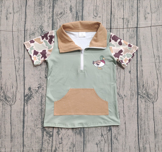 NO MOQ preorder BT1530 Duck Gray Brown Green Camouflage Pocket Zip Collar Short Sleeve Boys Top 202511