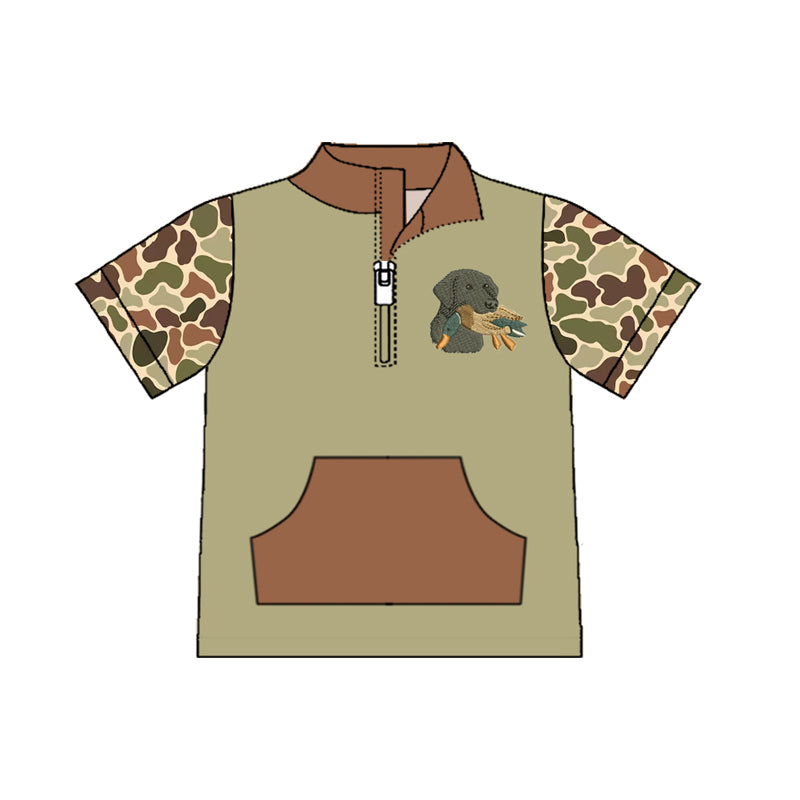 MOQ 5 PCS preorder BT1532 Puppy Duck Army Green Brown Camouflage Pocket Zip Collar Short Sleeve Boys Top 202511
