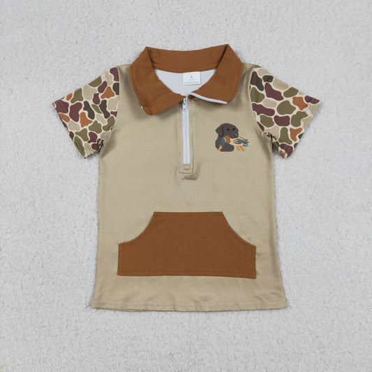 BT1532 Puppy Duck Army Green Brown Camouflage Pocket Zip Collar Short Sleeve Boys Top 202512 RTS