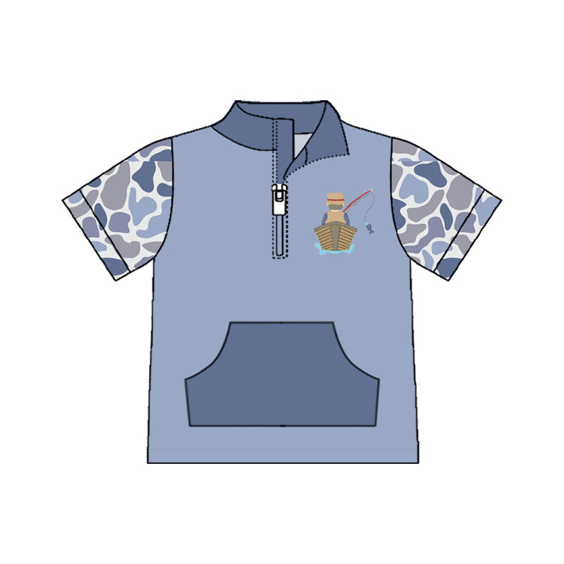 MOQ 5 PCS preorder BT1533 Fish Blue Camouflage Pocket Zip Collar Short Sleeve Boys Top 202511