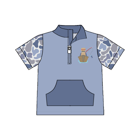 MOQ 5 PCS preorder BT1533 Fish Blue Camouflage Pocket Zip Collar Short Sleeve Boys Top 202511