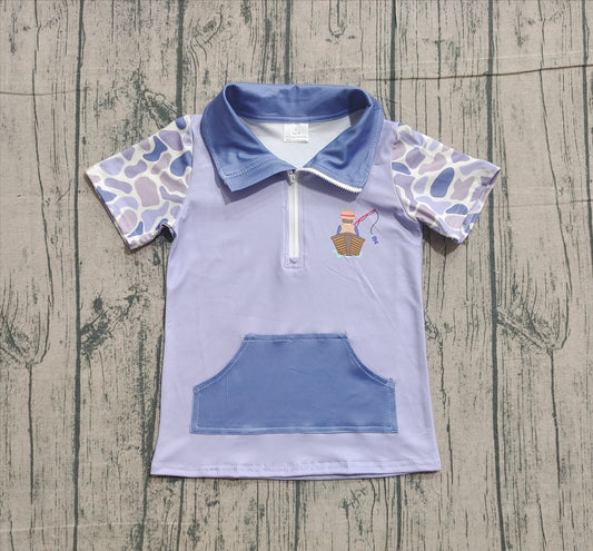 NO MOQ preorder BT1533 Fish Blue Camouflage Pocket Zip Collar Short Sleeve Boys Top 202511