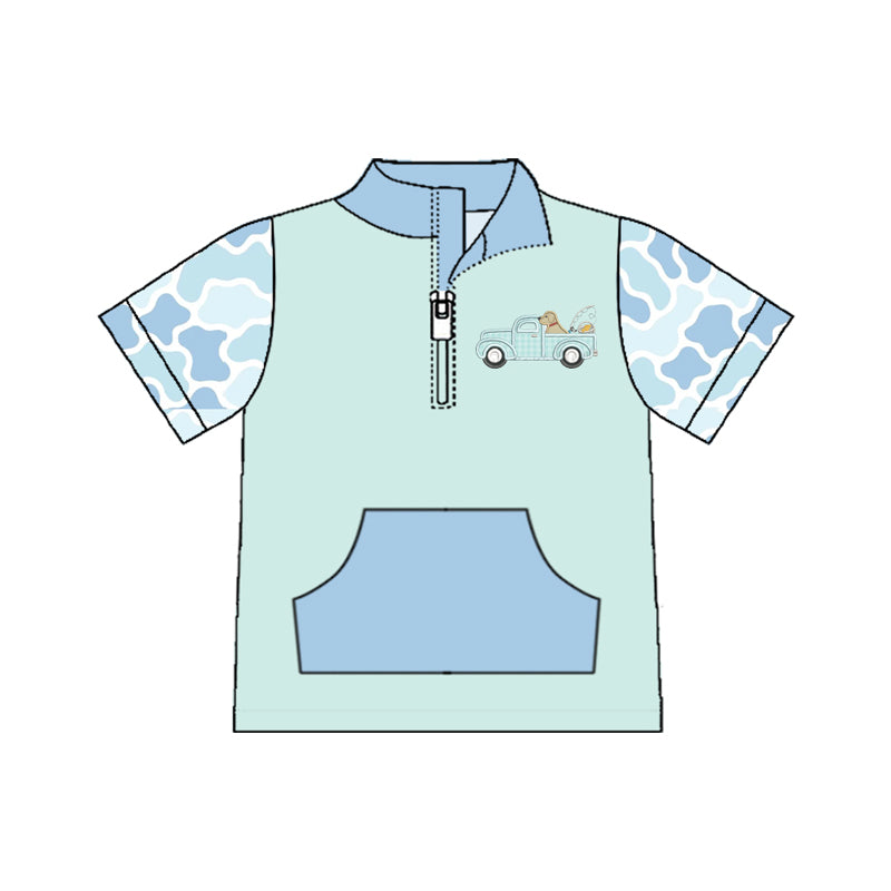 MOQ 5 PCS preorder BT1533 Fish Puppy Blue Green Camouflage Pocket Zip Collar Short Sleeve Boys Top 202511