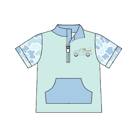 MOQ 5 PCS preorder BT1533 Fish Puppy Blue Green Camouflage Pocket Zip Collar Short Sleeve Boys Top 202511