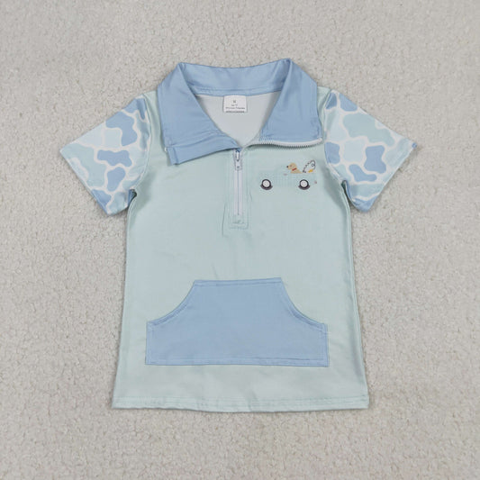 BT1534 Fish Puppy Blue Green Camouflage Pocket Zip Collar Short Sleeve Boys Top 202512 RTS