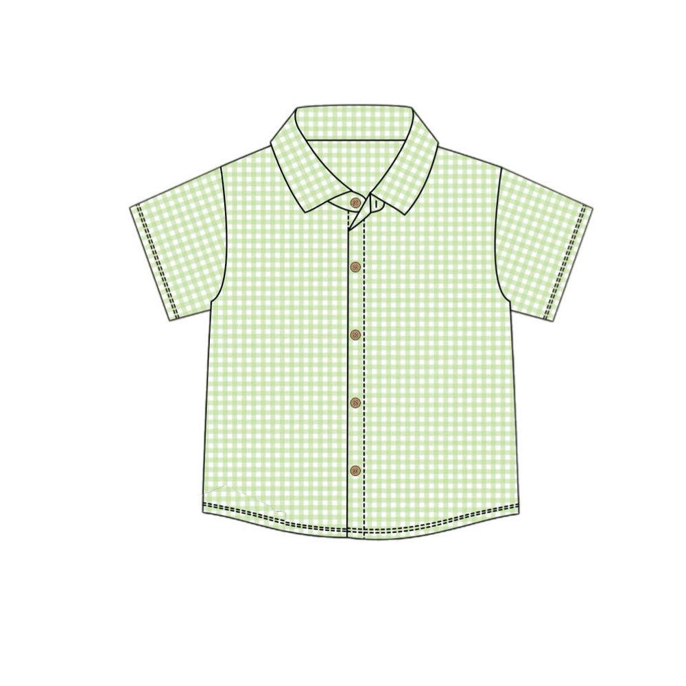 MOQ 5 PCS preorder BT1536 Light Green Plaid Buttons Polo Short Sleeve Boys Top 202511