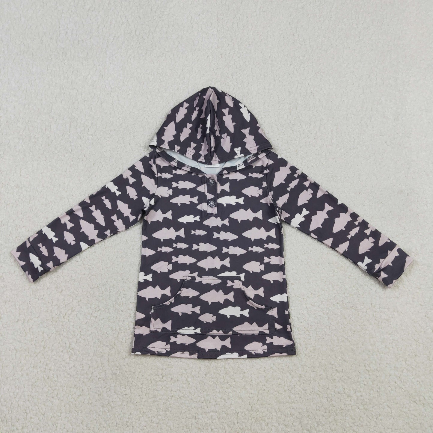BT1545 Fish Pattern Pocket Button Hooded Long Sleeve Boys Top 202603 RTS