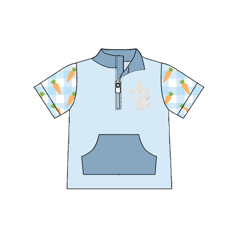 MOQ 5 PCS preorder BT1547 Easter Carrots Cross Sheep Blue Pocket Zip Collar Short Sleeve Boys Top 202511