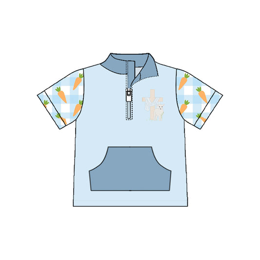 MOQ 5 PCS preorder BT1547 Easter Carrots Cross Sheep Blue Pocket Zip Collar Short Sleeve Boys Top 202511