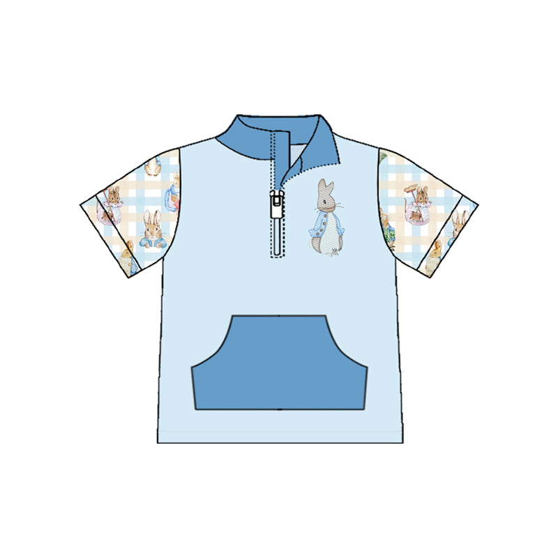 MOQ 5 PCS preorder BT1549 Easter Bunny Blue Pocket Zip Collar Short Sleeve Boys Top 202511