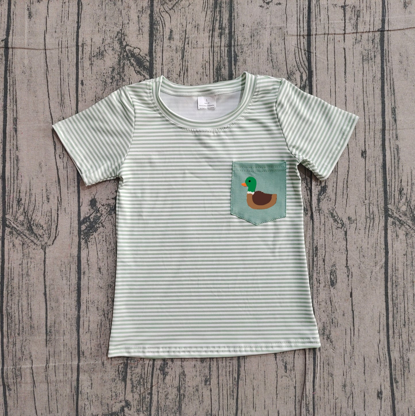 NO MOQ preorder BT1557 Embroidered Duck Pocket Green Stripe Short Sleeve Boys Top 202511