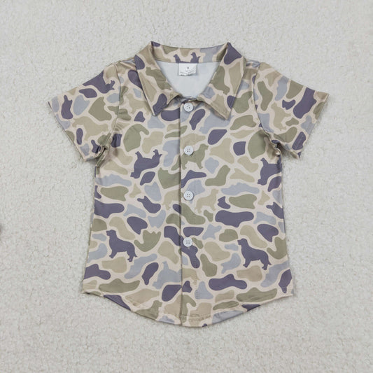 BT1563 Puppy Pattern Gray Green Camouflage Buttons Short Sleeve Boys Top 202512 RTS