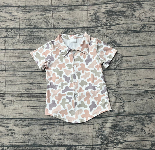 NO MOQ preorder BT1564 Beige Green Camouflage Buttons White Short Sleeve Boys Top 202512