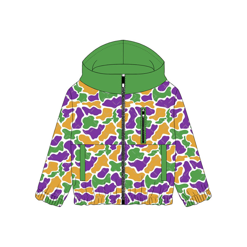 MOQ 5 PCS preorder BT1568 Mardi Gras Camouflage Green Hooded Zipper Long Sleeve Boys Top 202511