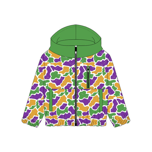 MOQ 5 PCS preorder BT1568 Mardi Gras Camouflage Green Hooded Zipper Long Sleeve Boys Top 202511
