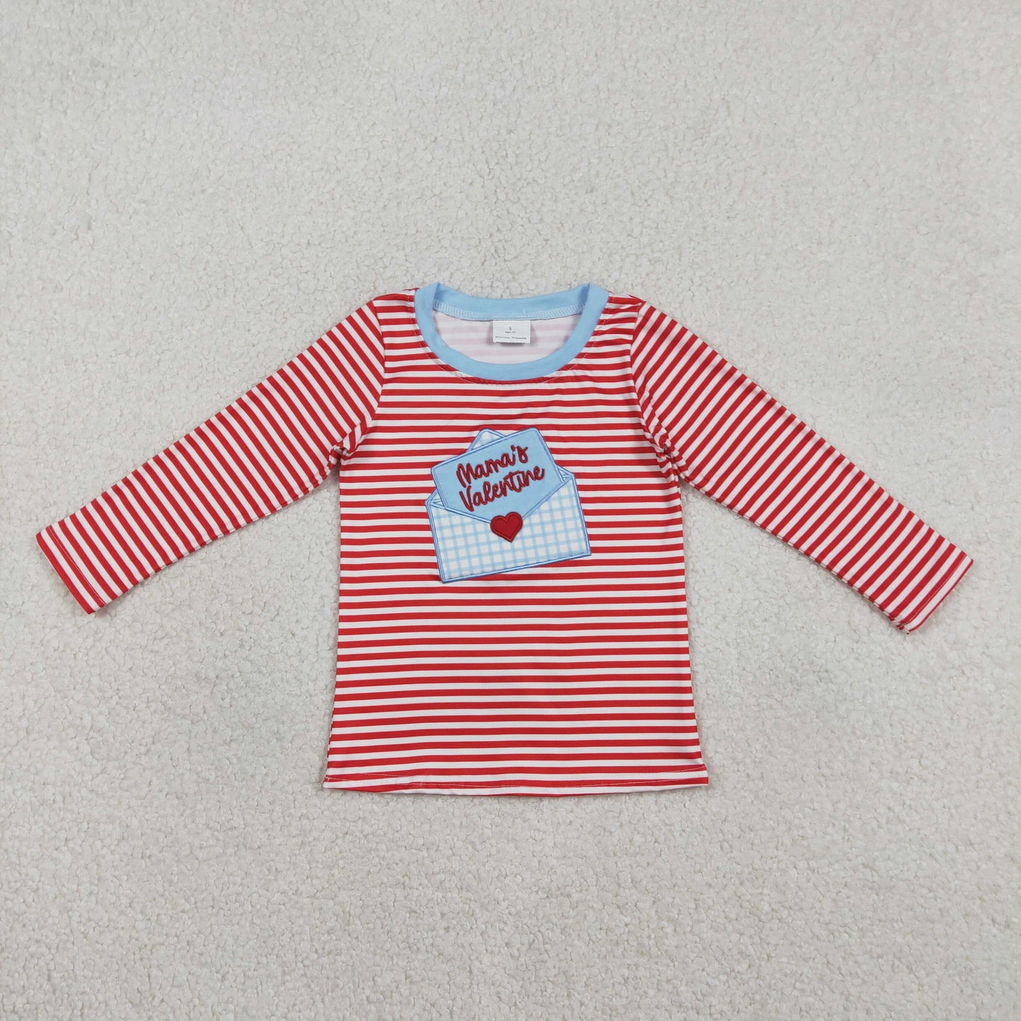 BT1574 Embroidered Valentines Day Mama's Valentine Love Letter Envelope Red Stripe Long Sleeve Boys Top 202601 RTS