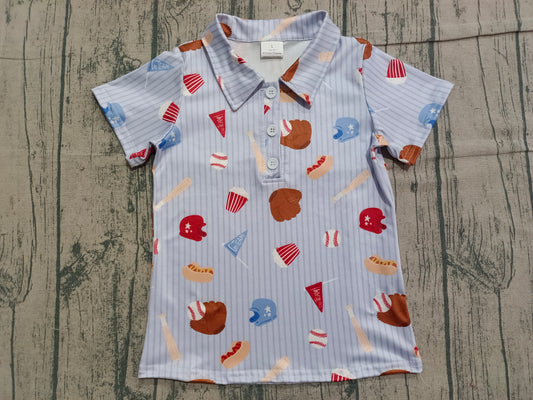 NO MOQ preorder BT1580 Baseball Glove Stripe Blue Polo Short Sleeve Boys Top 202512
