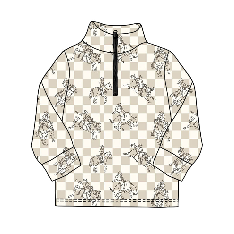 MOQ 5 PCS preorder BT1594 Cowboy Horse Khaki Plaid Zip Collar Long Sleeve Boys Top 202511