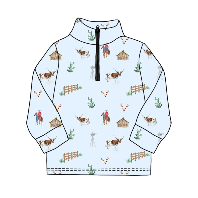 MOQ 5 PCS preorder BT1594 Cowboy Horse Highland Cow Cactus Blue Zip Collar Long Sleeve Boys Top 202511