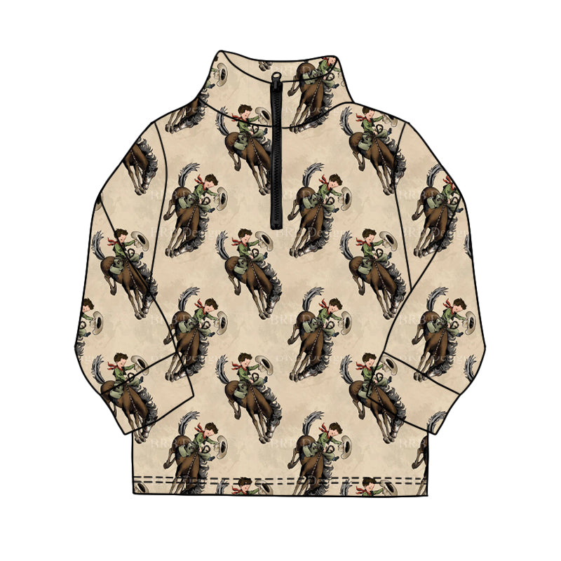 MOQ 5 PCS preorder BT1596 Cowboy Horse Brown Zip Collar Long Sleeve Boys Top 202511