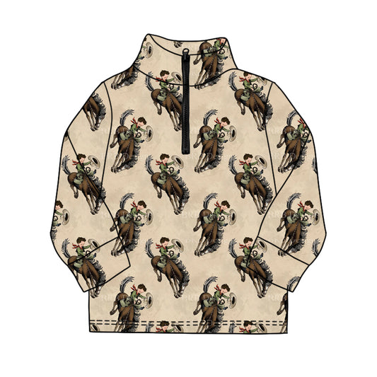 MOQ 5 PCS preorder BT1596 Cowboy Horse Brown Zip Collar Long Sleeve Boys Top 202511