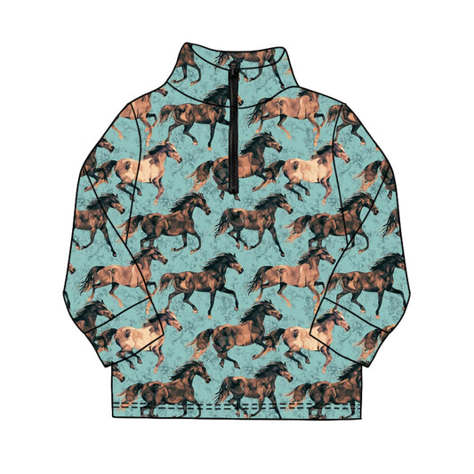 MOQ 5 PCS preorder BT1599 Horse Blue Green Zip Collar Long Sleeve Boys Top 202511